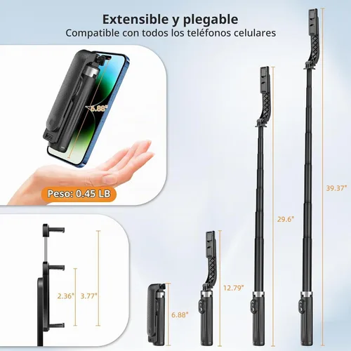 Vista 5 de UTEBIT Trípode de palo selfie de 40 pulgadas con luz, trípode extensible