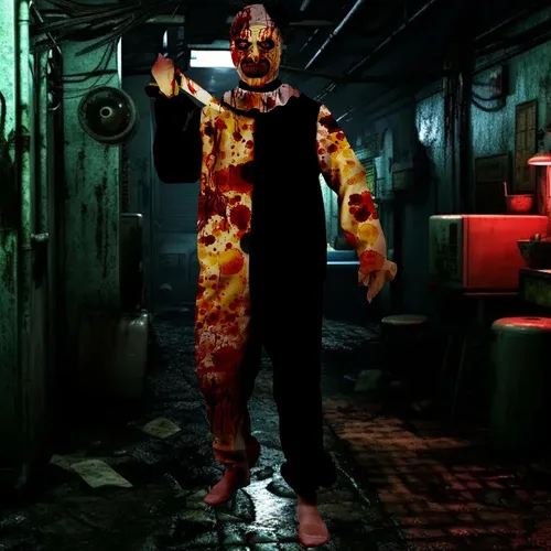 Vista 5 de Disfraz de payaso artístico para cosplay, disfraz de terror de Halloween, payaso asesino, traje de terror con overol de máscara de látex, cuchillo