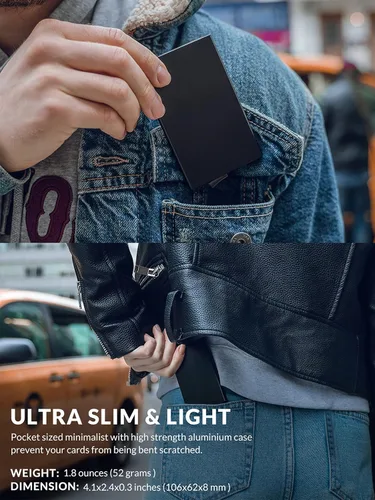 Vista 23 de VULKIT Cartera desplegable, soporte minimalista para tarjetas de crédito, bloqueo RFID, funda de metal delgada para hombres
