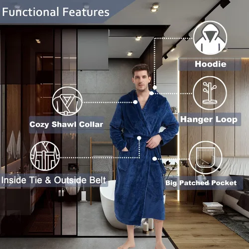 Vista 4 de N&D Eyong Bata de baño de forro polar con capucha y bolsillos para hombre