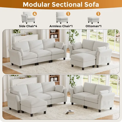 Vista 6 de Legend Vansen Sofá modular seccional, cómodo sofá modular en forma de U de 6 asientos con espacio de almacenamiento y diván, sofás seccionales Crema