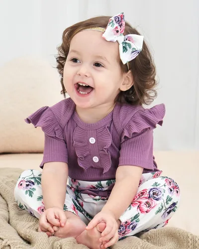 Vista 2 de Mioglrie Conjunto de ropa de bebé recién nacido, conjunto de pantalones, conjunto floral de algodón, ropa de bebé para niñas