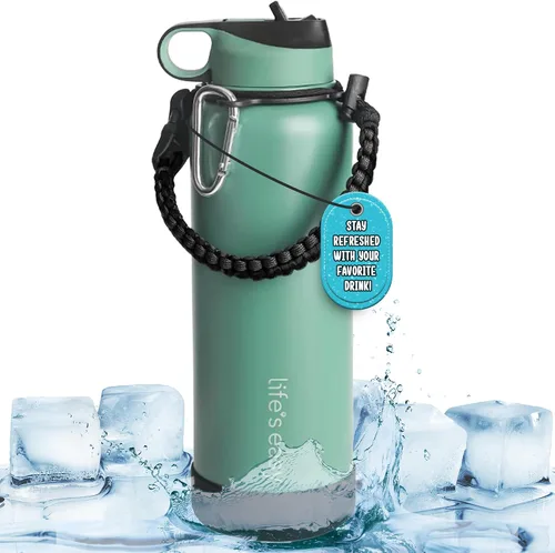 Vista 11 de Life's Easy Botella de agua aislada de acero inoxidable – Botella de agua deportiva con mango de bucle y tapa de popote de silicona biónico – Frasco