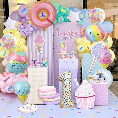 Vista 7 de 10 globos de helado, globos de papel de aluminio Mylar con número de dona de caramelo, temática de helado, suministros de fiesta de primer cumpleaños