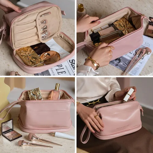 Vista 7 de Nuevo bolso cosmético del viaje de la capacidad grande, bolso del organizador del maquillaje, diseño interior claro del bolsillo, C-rosa, Clásico