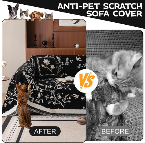 Vista 3 de HANDONTIME Funda para sofá para perros lavable con estampado floral de pájaros para sofás y sillones, funda de sofá negra con flores de jacquard