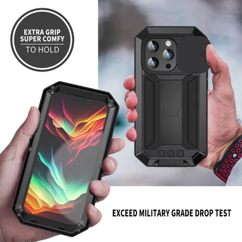 Vista 6 de Lunivop Funda para iPhone 15 Pro Max, protección resistente, tornillo de cuerpo completo, de goma de metal de grado militar, con soporte duro Negro