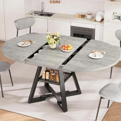 Vista 11 de Mesa de comedor redonda extensible de 43 a 57 pulgadas para 4-6, moderna mesa de comedor ovalada de cocina industrial con hojas extraíbles, base