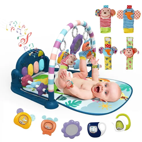 Vista 13 de dearlomum Gimnasio con tapete de juego para bebé, divertido tapete de piano para tiempo de barriga con 5 juguetes sensoriales para bebés y 2
