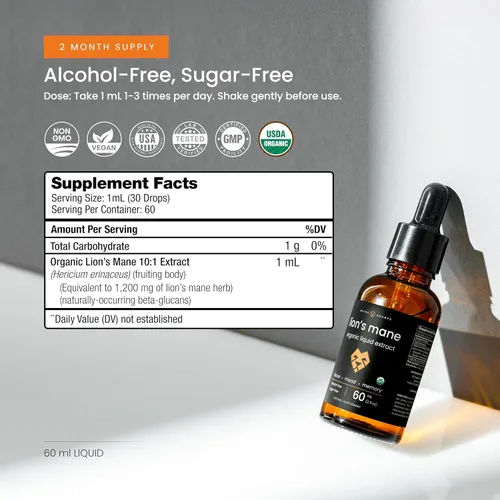 Vista 5 de NutraChamps Tintura de melena de león – Extracto líquido de melena de león orgánico USDA – 2 onzas líquidas – Sin alcohol, gotas de melena de león