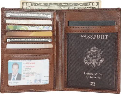 Vista 4 de Polare - Cartera de viaje de cuero con bloqueo RFID para pasaporte para hombres y mujeres Café