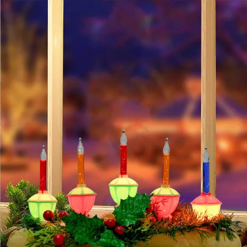 Vista 7 de Lámpara de vela de burbujas multicolor de 5 luces, velas eléctricas de ventana de Navidad con 6 luces de burbujas tradicionales (1 repuesto), vela