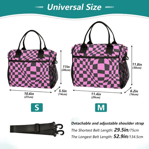 Vista 2 de Lonchera con patrón retro a cuadros reutilizable para oficina, picnic, senderismo, playa, contenedor de alimentos aislado con correa de hombro