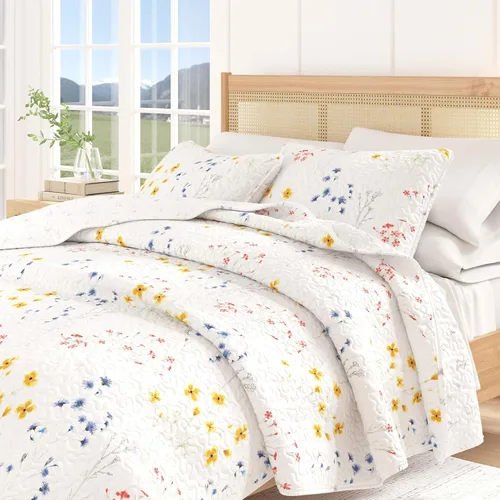 Vista 6 de Great Bay Home Marianne Collection - Juego de edredón de 3 piezas con fundas de almohada. Colcha reversible con diseño floral. Lavable a máquina.