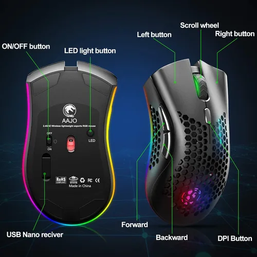 Vista 5 de AAJO Mouse inalámbrico para juegos mouse USB con carcasa de panal de abeja mouse retroiluminado RGB Chroma agarre cómodo de Hyperspeed ratones