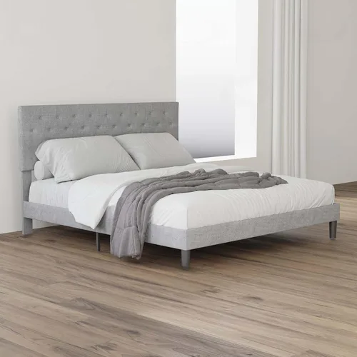 Vista 6 de Base de cama tapizada de tamaño matrimonial con cabecera de botón ajustable, base de colchón con soporte de listones de madera, no necesita somier