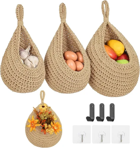 Vista 8 de Cestas de frutas bohemias para colgar en la pared para cocina, paquete de 3 soportes tejidos con 6 ganchos fuertes, cesta colgante de verduras