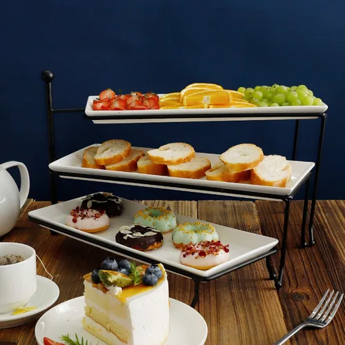 Vista 5 de Sweese Soporte para servir de 3 niveles, soporte rectangular plegable de exhibición de alimentos con platos de porcelana blanca, bandejas