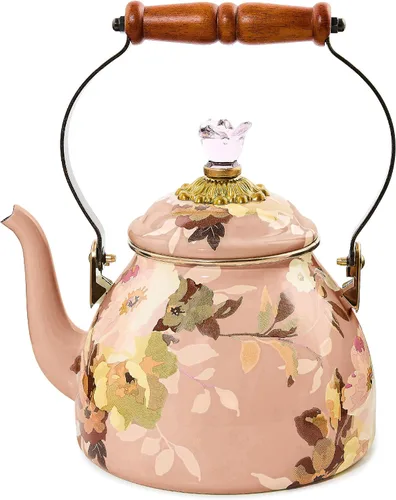 Vista 18 de MACKENZIE-CHILDS Tetera de Esmalte, Tetera Bonita para Estufa, 2 Cuartos, Rosa Silvestre Marrón Diseño aplicado a mano, hecho de acero esmaltado
