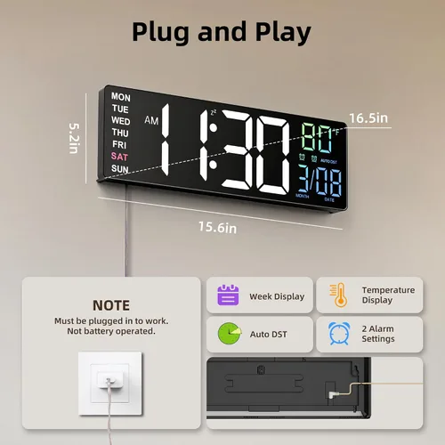Vista 4 de EASYERA - Reloj de pared digital grande de 16.5 pulgadas con pantalla de bajo brillo, 10 modos RGB BT Sync, Auto DST, Adjustable Brightness, Dual