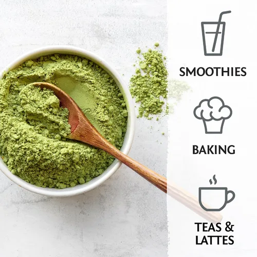 Vista 4 de Té verde matcha orgánico en polvo de grado culinario Matcha para batidos, hornear lattes, vegano, sin azúcar ni lácteos, 225 porciones Sunwarrior