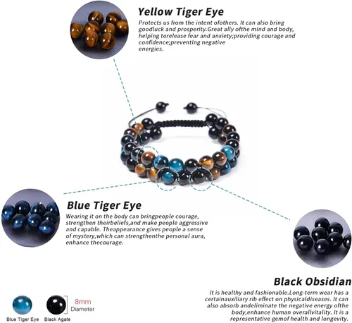 Vista 6 de Triple Crystal Protection Bracelet Handmade Black Obsidian Blue Tiger Eye and Hematite Stone Natural Crystal Healing Jewelry for Men Women