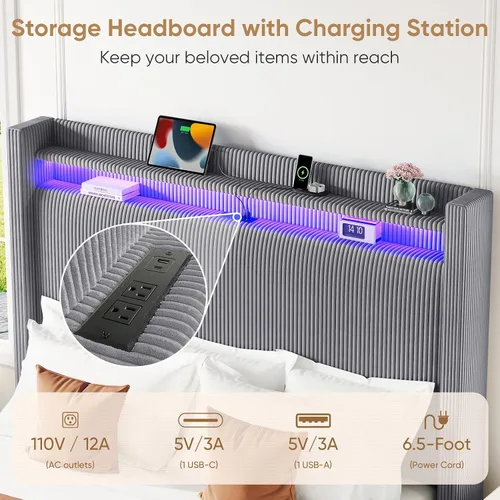 Vista 4 de Base de cama matrimonial con cabecera de 55.3 pulgadas de alto, plataforma tapizada de pana con luces LED y estación de carga, cabecera