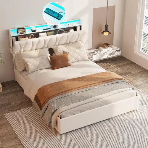 Vista 4 de Fameill - Base de cama tamaño matrimonial con plataforma de almacenamiento abatible, cabecero con altura ajustable y estación de carga, cama