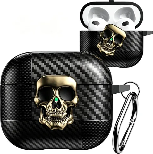 Vista 10 de Funda para AirPods Pro de 2ª generación, calavera con cerradura y llavero para hombres, divertida fibra de carbono de cuerpo completo, a prueba