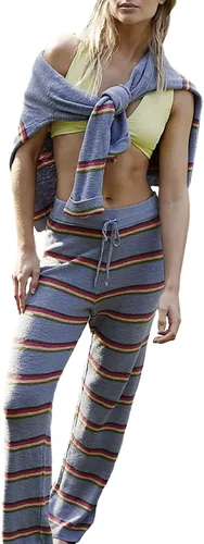 Vista 2 de Conjunto de 2 piezas de punto para mujer, suéter suelto con estampado de rayas Y2K + pantalones elásticos, ropa estética urbana