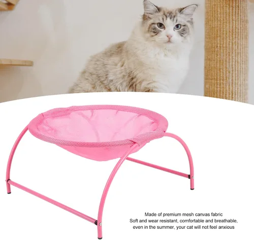 Vista 7 de Hamaca para gatos, lona de acero inoxidable desmontable elevada elevada, cama hamaca para mascotas, para uso en interiores y exteriores, rosa