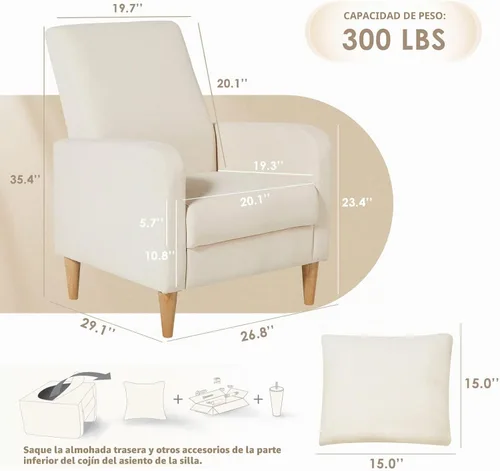 Vista 2 de COLAMY Mid-Century - Silla decorativa tapizada moderna con almohada trasera y patas de madera maciza, sillón acogedor de tela para sala de estar