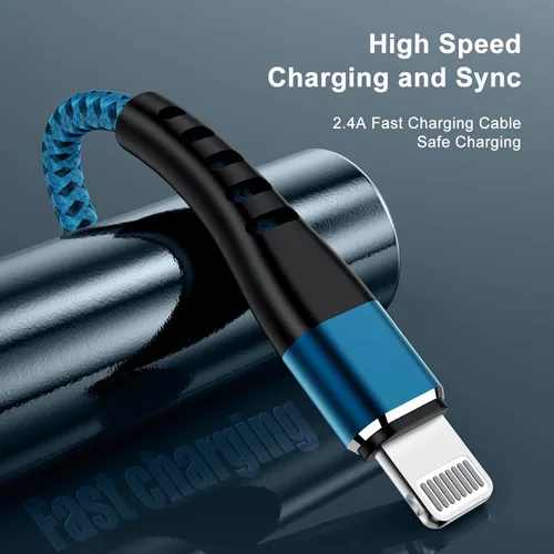 Vista 3 de Essri 3 cables de carga cortos de 1 pie para iPhone, con certificación MFi, cables Lightning fuertes de nailon trenzado, carga rápida USB para Azul
