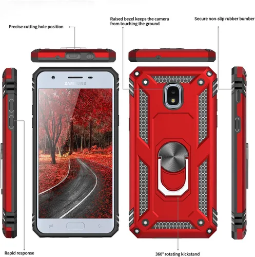 Vista 7 de TJS Funda para teléfono compatible con Samsung Galaxy J7, funda protectora magnética con anillo de metal (azul)