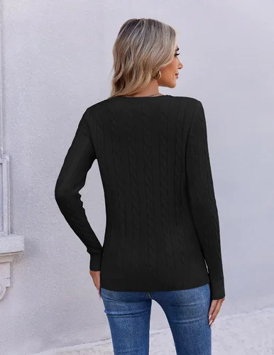 Vista 5 de Ekouaer Suéter de punto trenzado con cuello en V para mujer, manga larga Negro