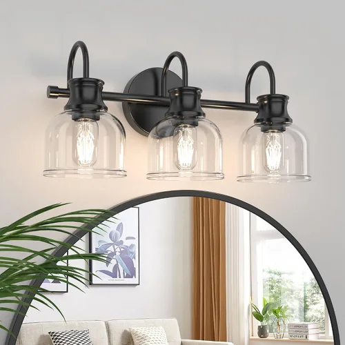 Vista 12 de Lámpara de tocador de baño de 3 luces, níquel cepillado, tradicional, clásica, con vidrio transparente, accesorios de iluminación de baño sobre
