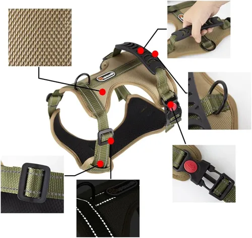 Vista 6 de Arnés táctico para perro, ajustable, sin tirones, con correas reflectantes y asa, arnés para cachorros con clips metálicos dobles para correa