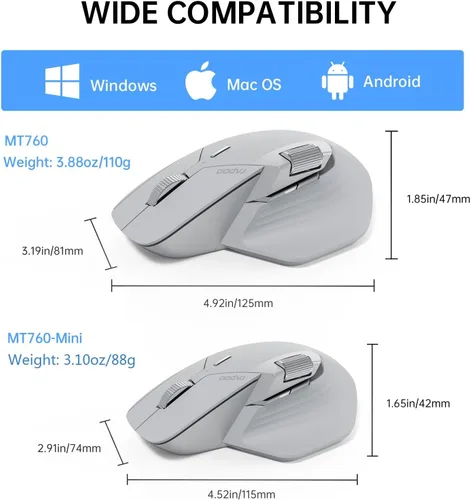 Vista 8 de Rapoo MT760Mini Ratón Inalámbrico Bluetooth - Bluetooth 5.0 y 2.4GHz Conexión Multi-Modo, Compatible con 4 Dispositivos, Tecnología M+ Cross Gris