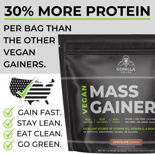 Vista 2 de Gorilla Gulps Ganador de masa vegano de chocolate - 5 libras de proteína natural alta en calorías en polvo: OGM, gluten y soja. Sin ingredientes