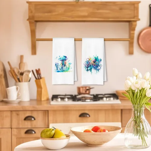 Vista 2 de Toallas de mano de playa costera con diseño de medusa, pulpo, caballito de mar y tortuga para baño, juego de 4, toallas de cocina de playa costera