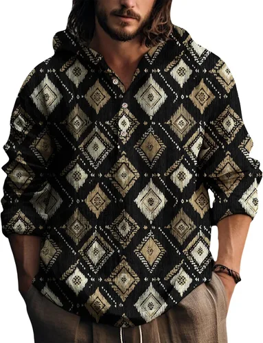 Vista 11 de Sudadera con capucha para hombre, con estampado azteca de otoño, de gran tamaño, manga larga, casual, con capucha