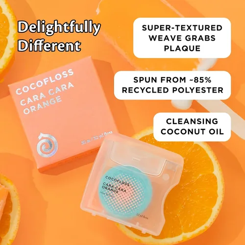 Vista 2 de Cocofloss Hilo dental tejido, cuidado bucal diseñado por dentistas, aroma a naranja, encerado, expandible, hilo dental con aceite de coco, 1 carrete