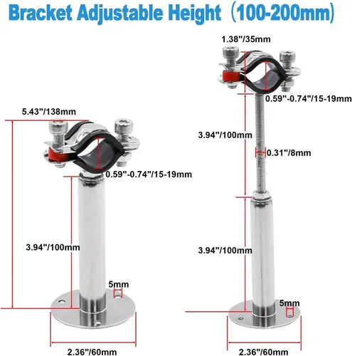 Vista 4 de 2 Pcs 304 Stainless Steel Adjustable Pipe Hanger Bracket with Base Plate & Screw – Fits 15-108mm OD Tubes for Wall Mount(50-100mm Adjust,15-19mm)