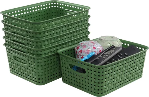 Vista 7 de Cesta de almacenamiento de plástico tejido, 10.03 x 7.55 x 4.09 pulgadas, juego de 6, verde Classic Woven Design, Dual Cutout Handles, Nestable