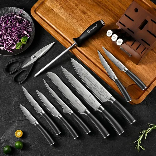 Vista 8 de Sunnecko Juego de cuchillos con bloque y afilador, juego de bloque de cuchillos de cocina de 15 piezas, cuchillos de cocina afilados, acero Negro