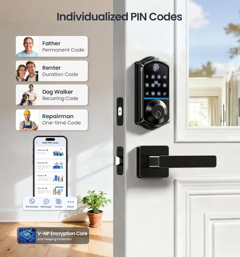 Vista 4 de Veise VE017-B Cerradura inteligente de huellas dactilares para puerta delantera, control de aplicación, cerrojo de entrada sin llave 8 en 1 con 2