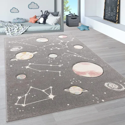Vista 8 de Paco Home Alfombra de juego para niños, diseño de galaxia, para habitación infantil, planetas y estrellas, color gris, tamaño: 2 pies 8 pulgadas x 4