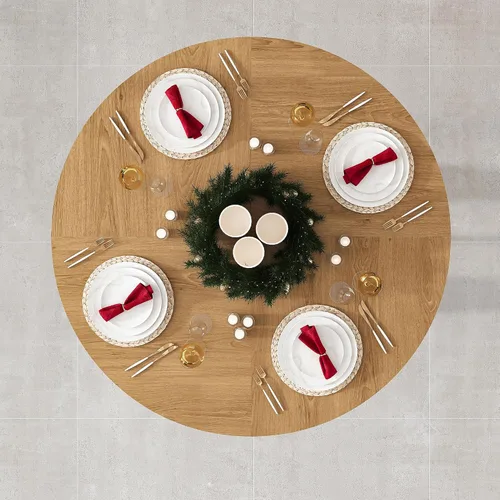 Vista 8 de Mesa de comedor redonda estilo granja para 6, mesa de cocina circular de 47" MDF con acabado de grano de madera, mesa de cocina y comedor de madera