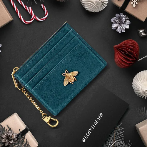 Vista 64 de SEAVILIA Tarjetero llavero cartera para mujer con ventana de identificación RFID monedero regalo abeja delgada minimalista pequeña cartera