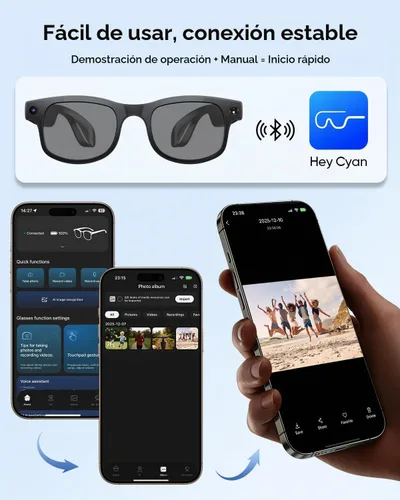 Vista 6 de CJkao - Lentes inteligentes con cámara, lentes de cámara AI, grabación de video, control de asistente de voz, música Bluetooth para hombres, mujeres